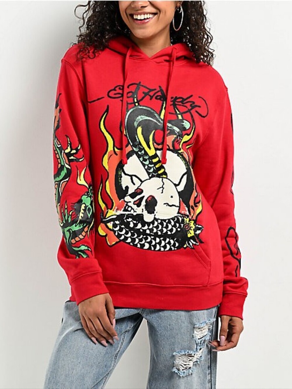 NEW Ed Hardy Flame Cobra Tattoo Graphic Red Hoodie Sweatshirt Large